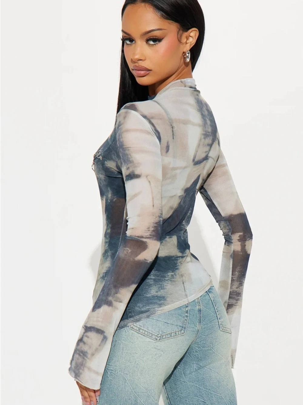Long Sleeve Sheer Abstract Print Top in Blue-Grey - Picture 2 of 3